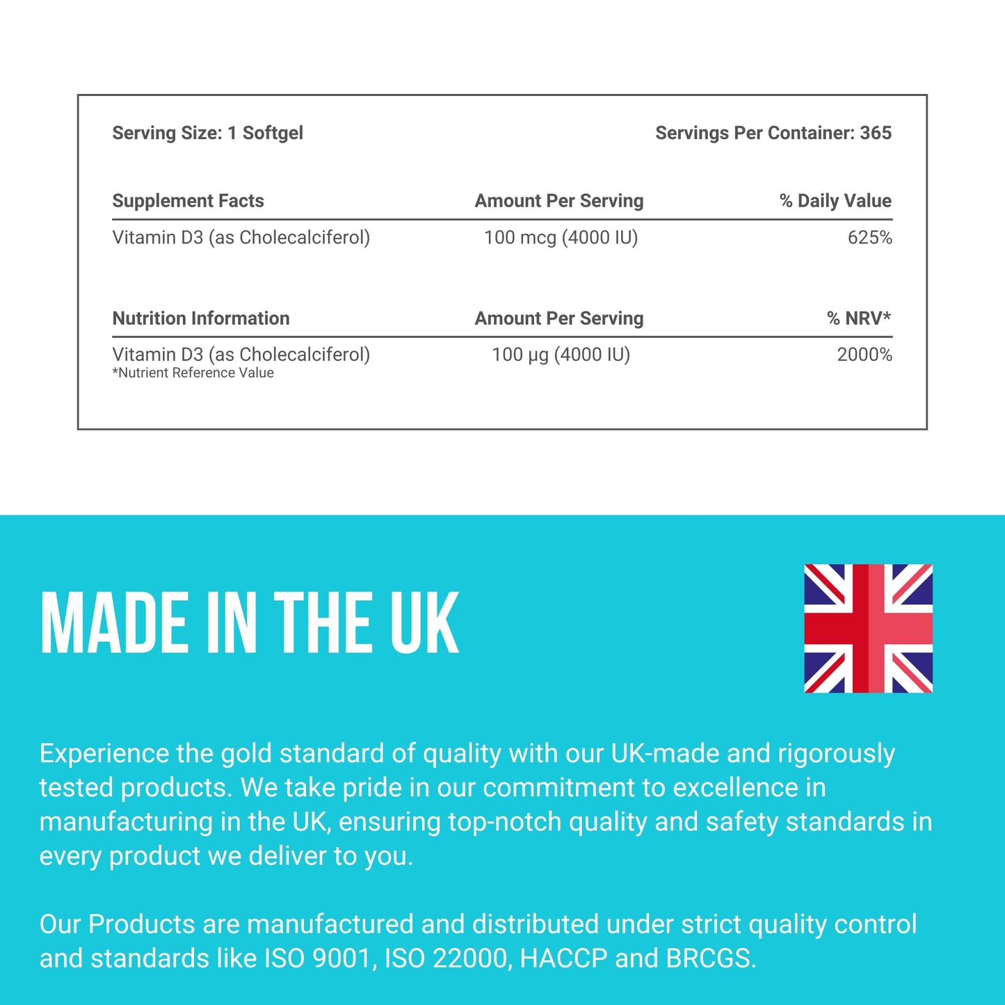 Vitamin D3 4000 IU (100 µg) – Preservative-Free Softgels, 1-Year Supply