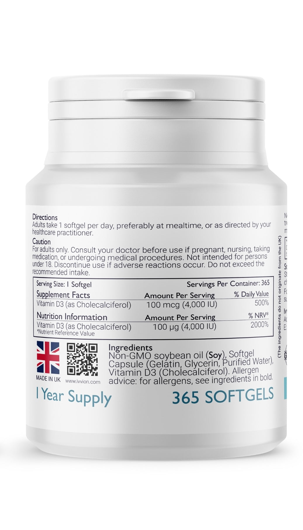 Vitamin D3 4000 IU (100 µg) – Preservative-Free Softgels, 1-Year Supply