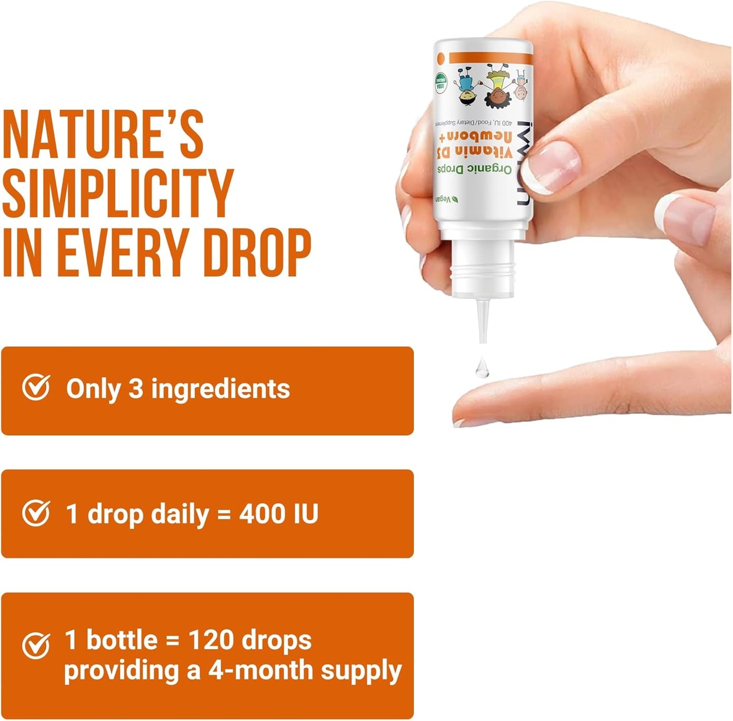 Organic Vegan Baby Vitamin D3 Drops 400IU, 120 Drops – Infants & Toddlers