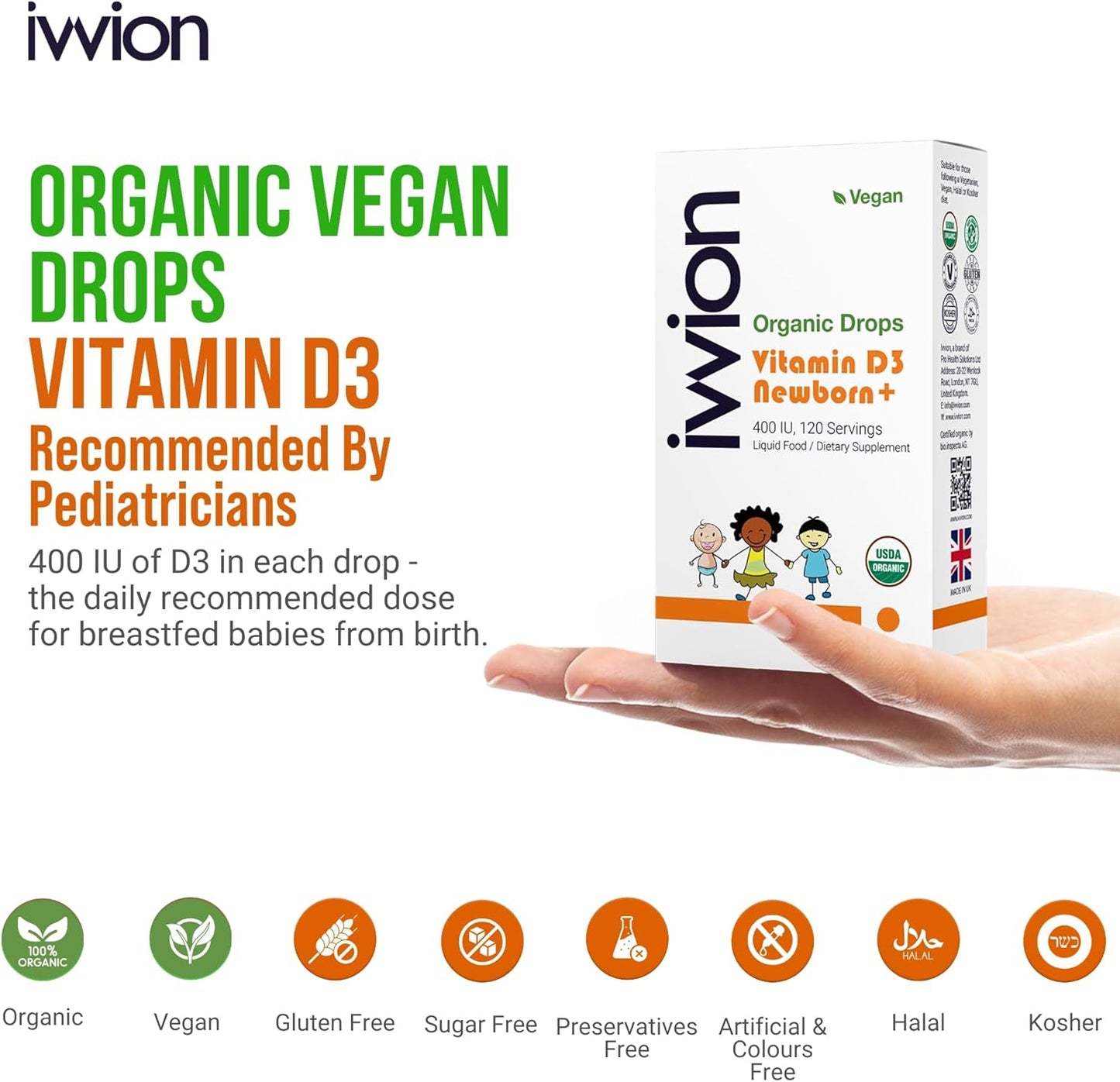 Organic Vegan Baby Vitamin D3 Drops 400IU, 120 Drops – Infants & Toddlers