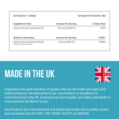 Vitamin D3 5000 IU (125 µg) – Preservative-Free Softgels, 1-Year Supply