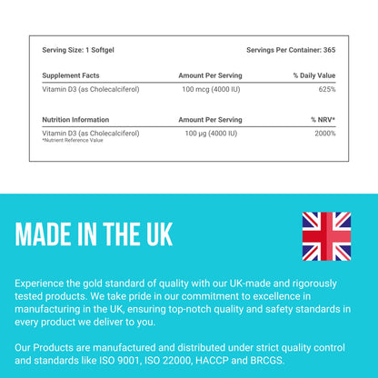 Vitamin D3 4000 IU (100 µg) – Preservative-Free Softgels, 1-Year Supply