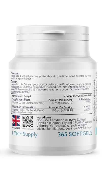 Vitamin D3 4000 IU (100 µg) – Preservative-Free Softgels, 1-Year Supply