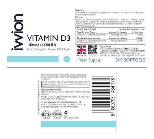 Vitamin D3 4000 IU Softgels - 1 Year Supply - ingredients and nutrition panel