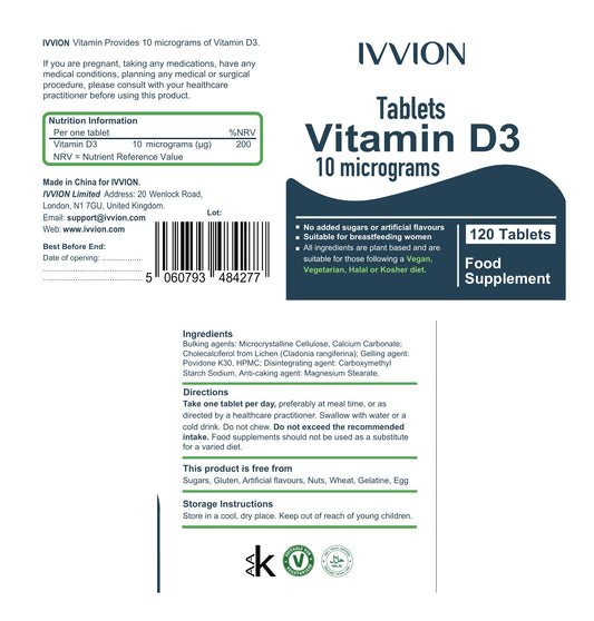 Vegan Vitamin D3 400 IU (10 µg) Tablets - 120 Tablets - ingredients and nutrition panel