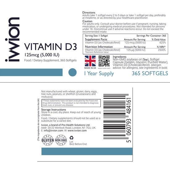 Vitamin D3 5000 IU Softgels - 1 Year Supply - ingredients and nutrition panel