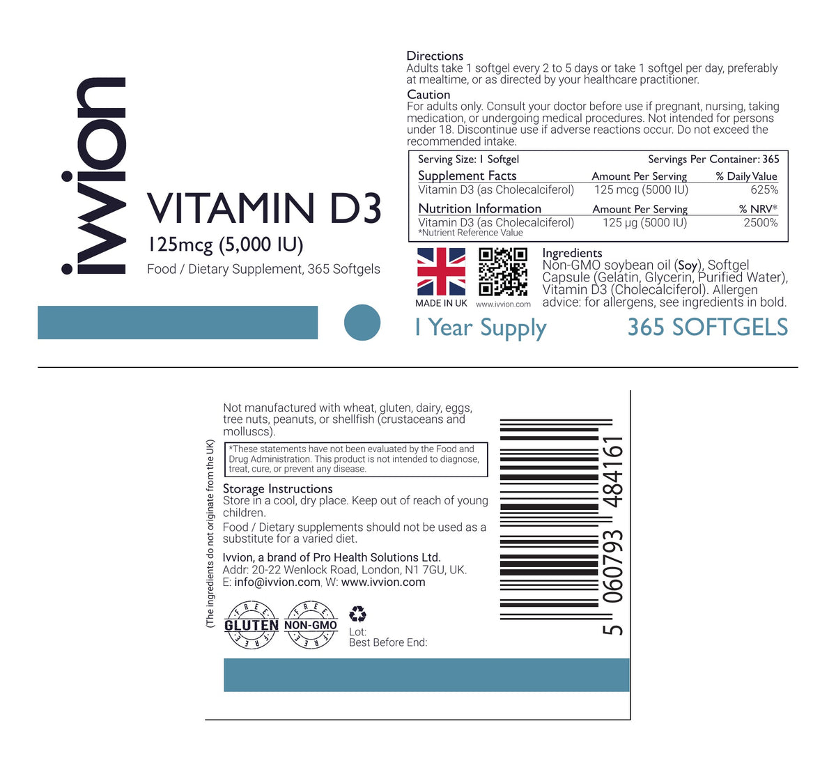 Vitamin D3 5000 IU Softgels - 1 Year Supply - ingredients and nutrition panel