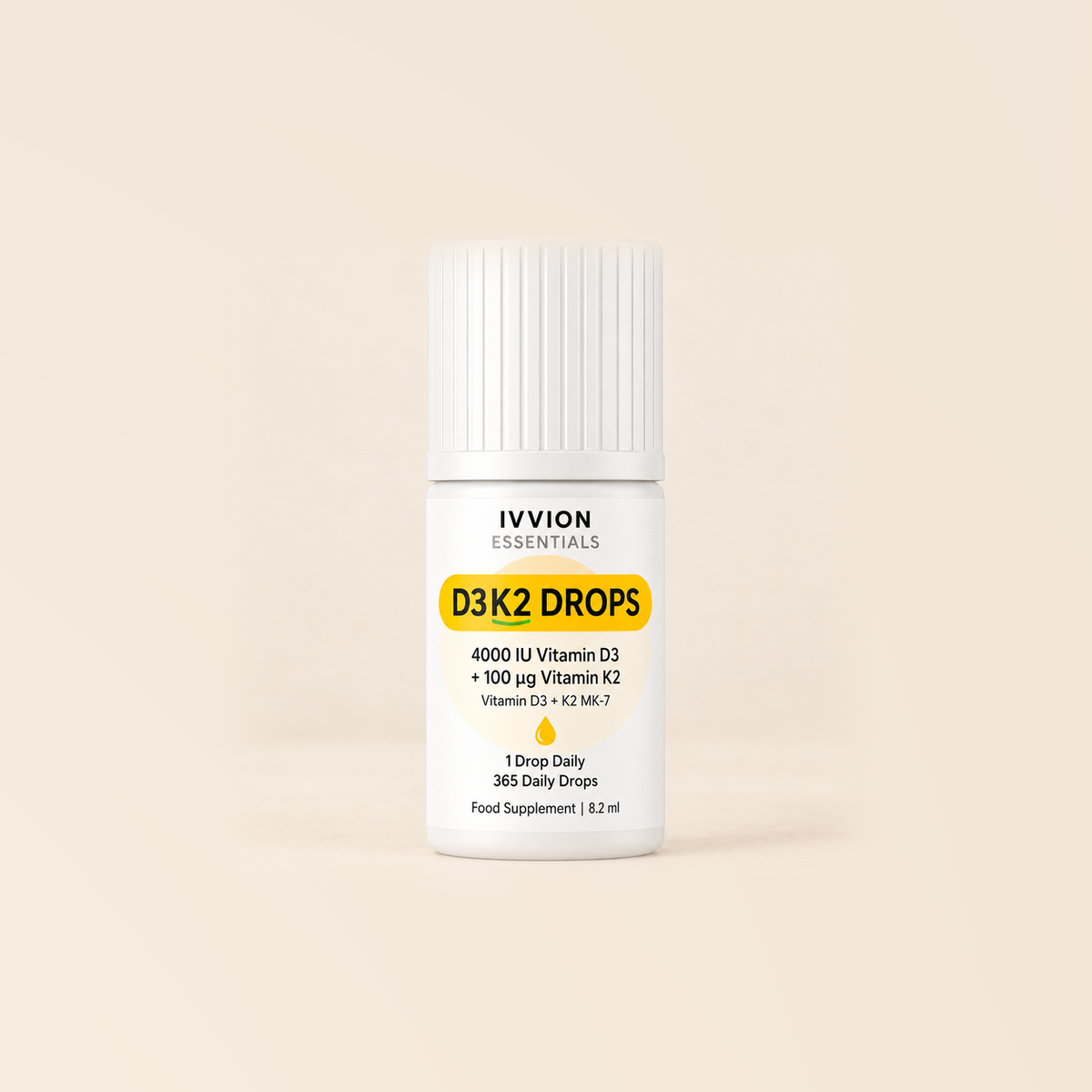 IVVION Essentials D3K2 Drops bottle, 4000 IU vitamin D3 and 100 µg vitamin K2