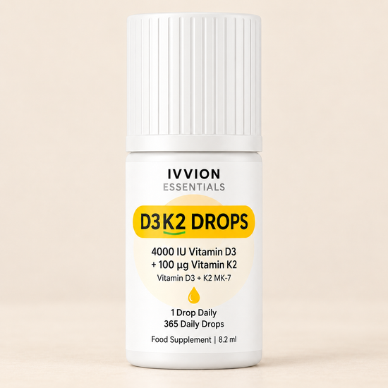 IVVION Essentials D3K2 Drops bottle, 4000 IU vitamin D3 and 100 µg vitamin K2