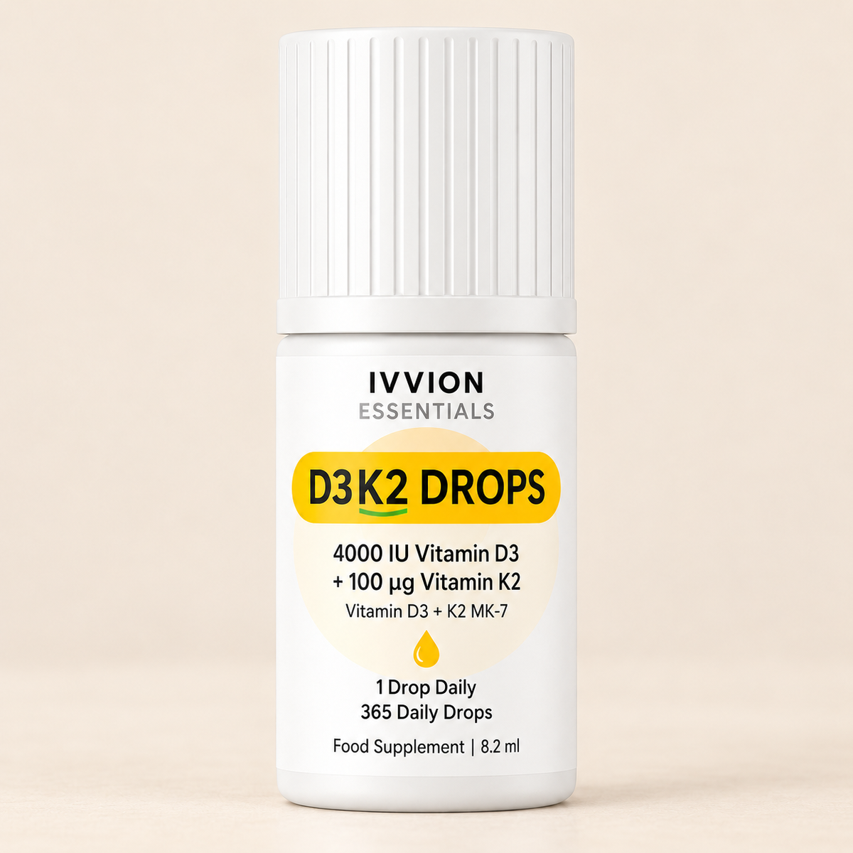 IVVION Essentials D3K2 Drops bottle, 4000 IU vitamin D3 and 100 µg vitamin K2