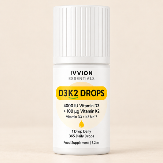 IVVION Essentials D3K2 Drops bottle, 4000 IU vitamin D3 and 100 µg vitamin K2