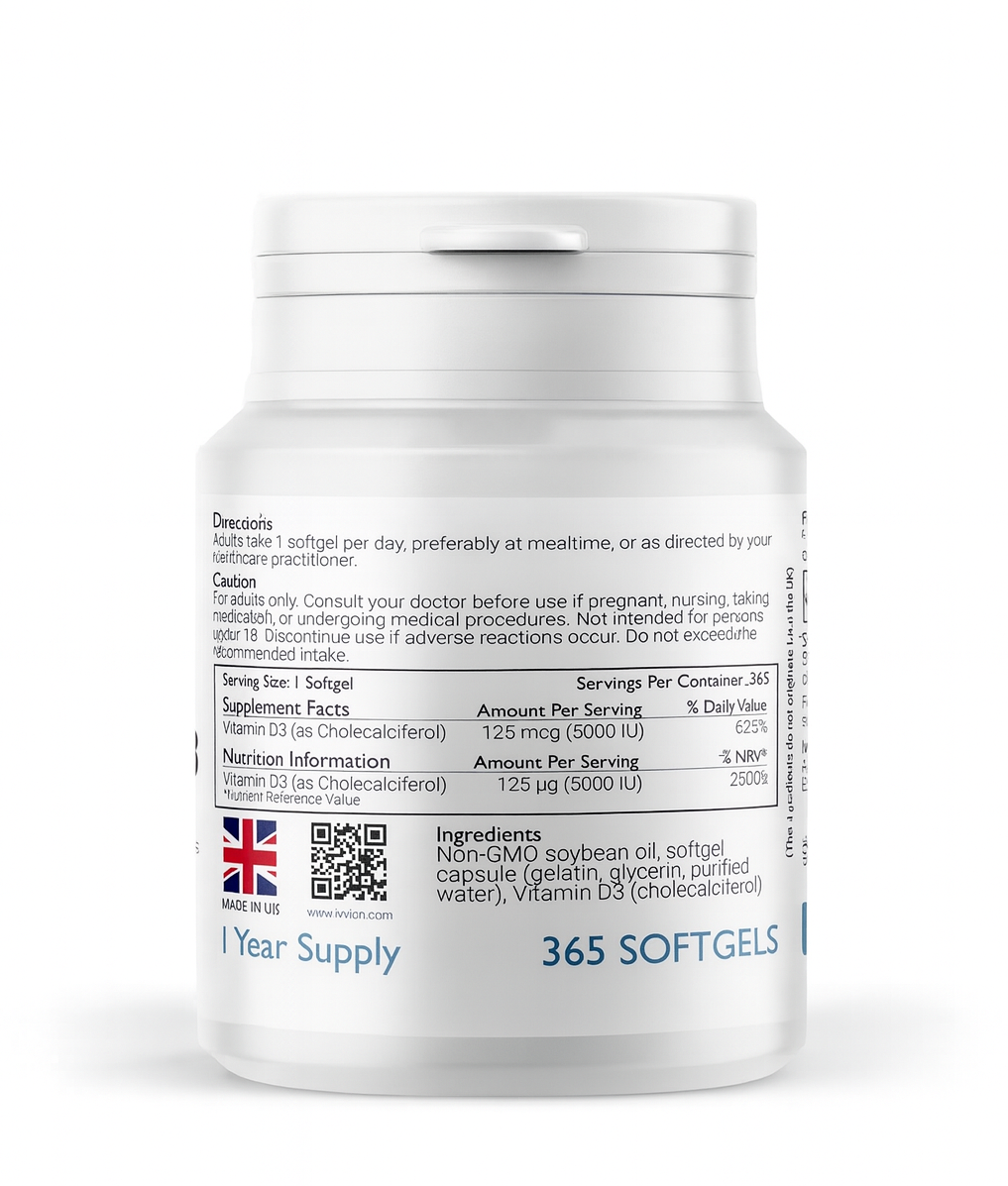 Vitamin D3 5000 IU (125 µg) – Preservative-Free Softgels, 1-Year Supply