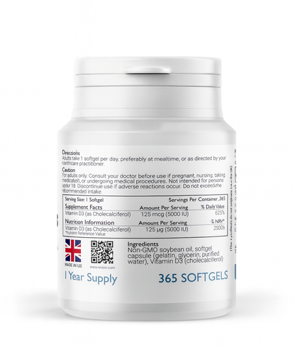 Vitamin D3 5000 IU (125 µg) – Preservative-Free Softgels, 1-Year Supply