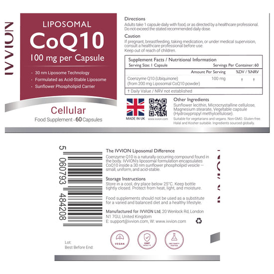 Liposomal CoQ10 100mg — UK-Made, Third-Party Tested, 60 Capsules - ingredients and nutrition panel
