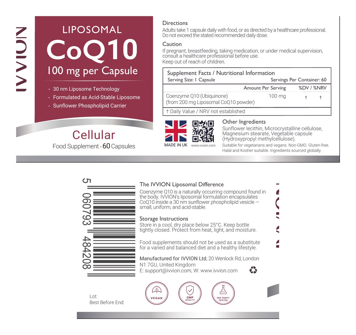 Liposomal CoQ10 100mg — UK-Made, Third-Party Tested, 60 Capsules - ingredients and nutrition panel