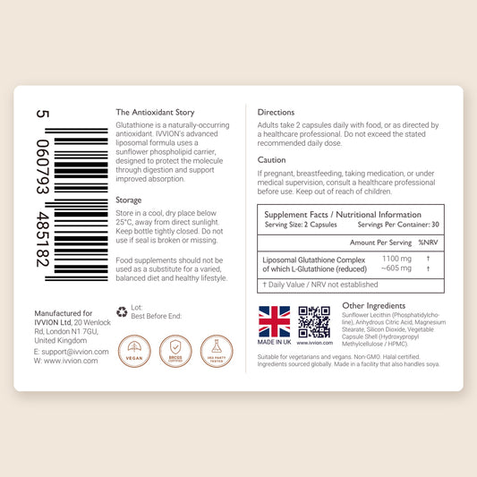 Liposomal Glutathione back label - directions, nutrition information and ingredients