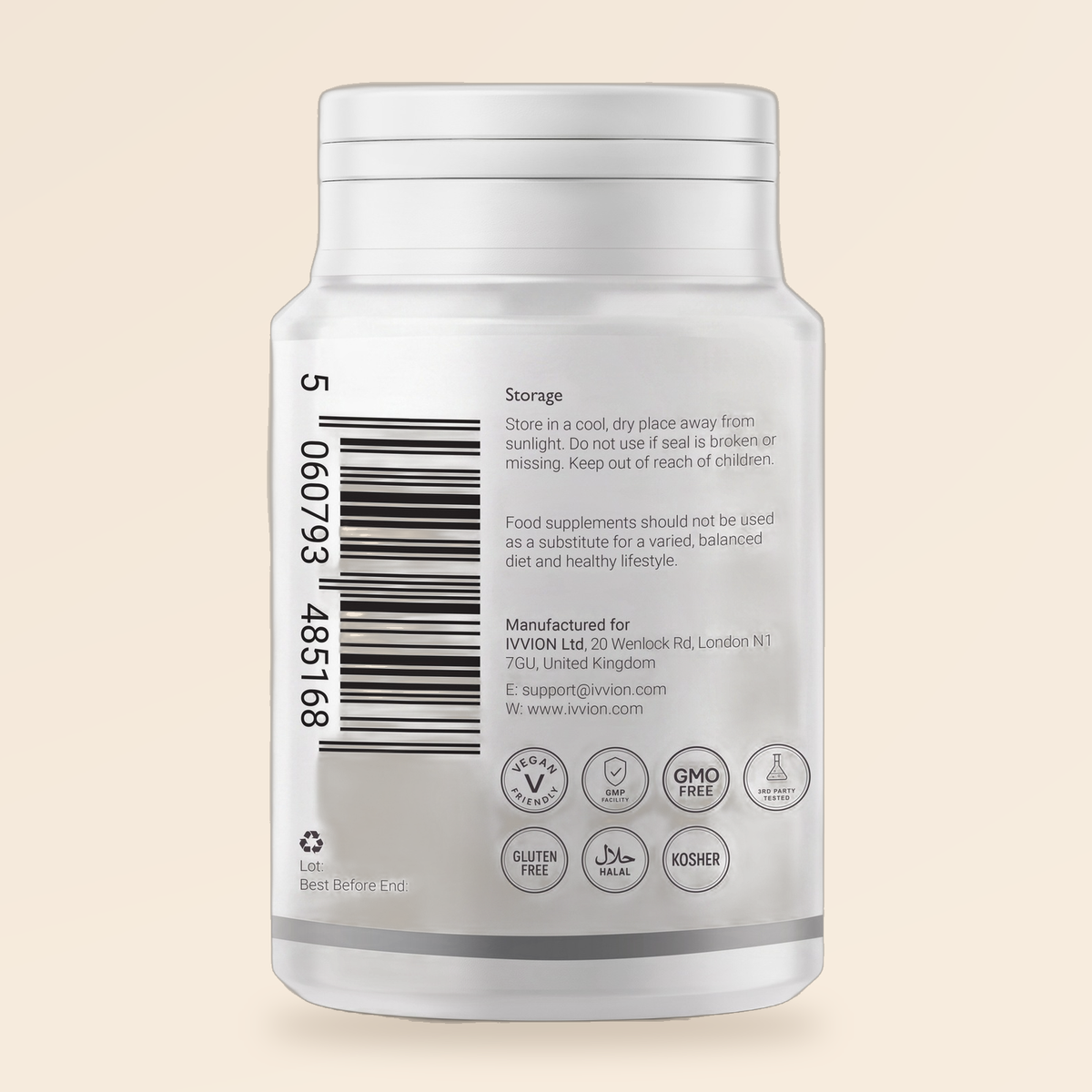 Liposomal Vitamin C back label, storage and manufacturer details