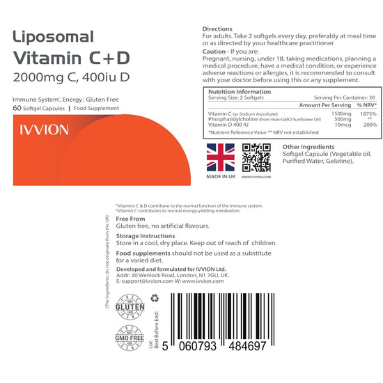 Liposomal Vitamin C + D3 - ingredients and nutrition panel