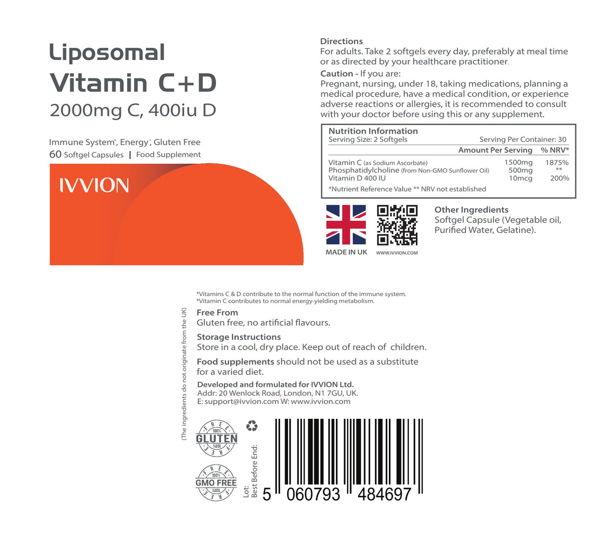 Liposomal Vitamin C + D3 - ingredients and nutrition panel