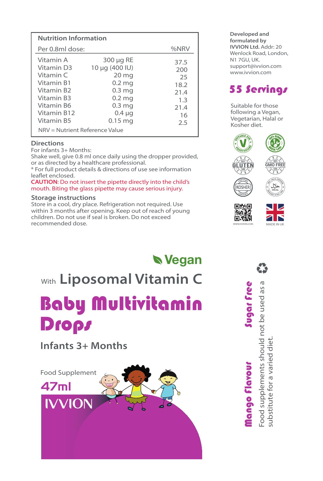 Vegan Multivitamin Drops for Infants & Kids - label, ingredients and nutrition
